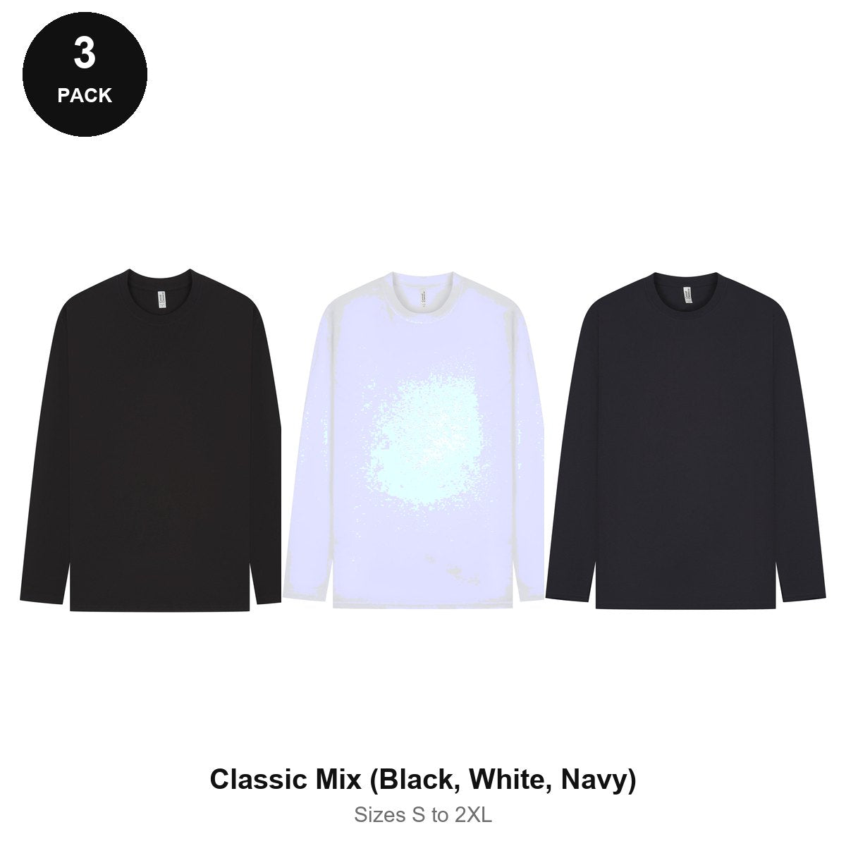 Mens Long Sleeve T-Shirts 3 Pack - 100% ringspun cotton 150gsm, Sizes S-2XL - Classic Mix (Black, White, Navy)
