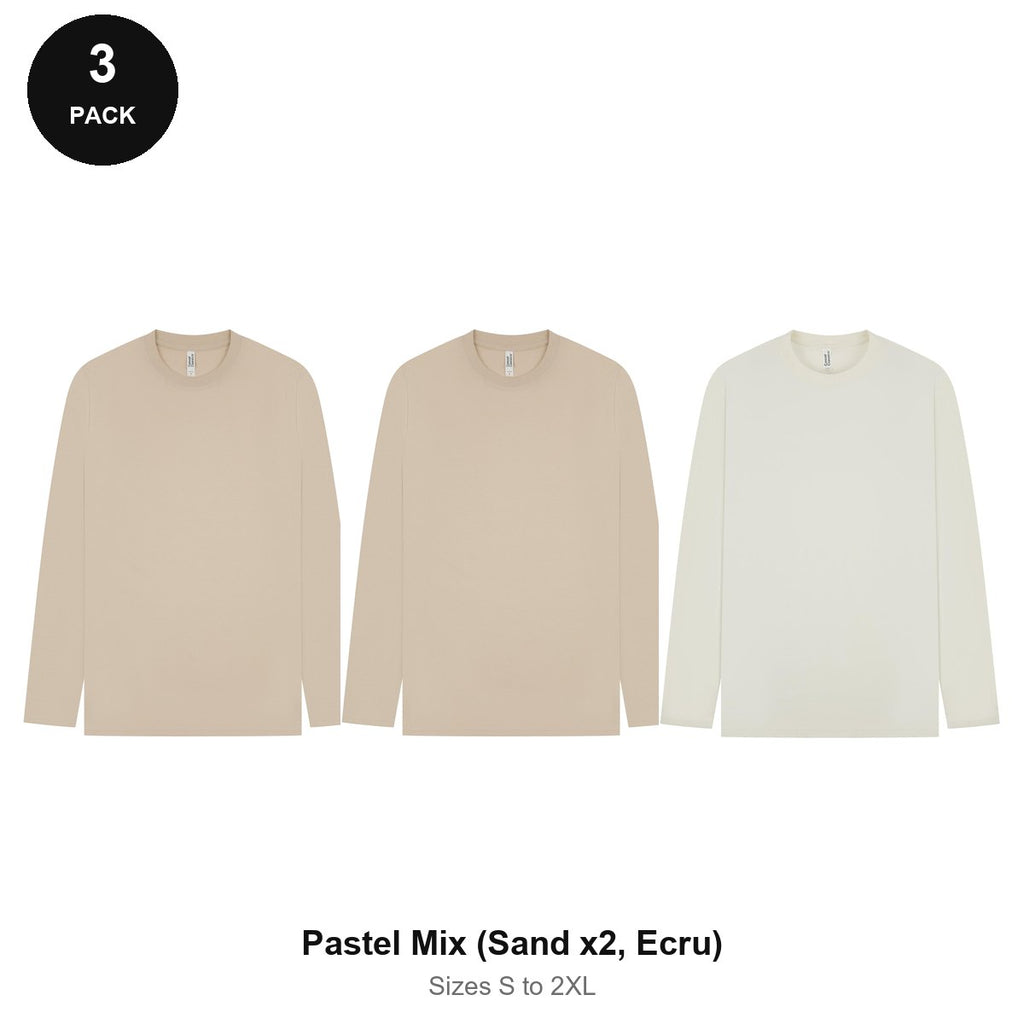 Mens Long Sleeve T-Shirts 3 Pack - 100% ringspun cotton 150gsm, Sizes S-2XL - Pastel Mix (Sand x2, Ecru)