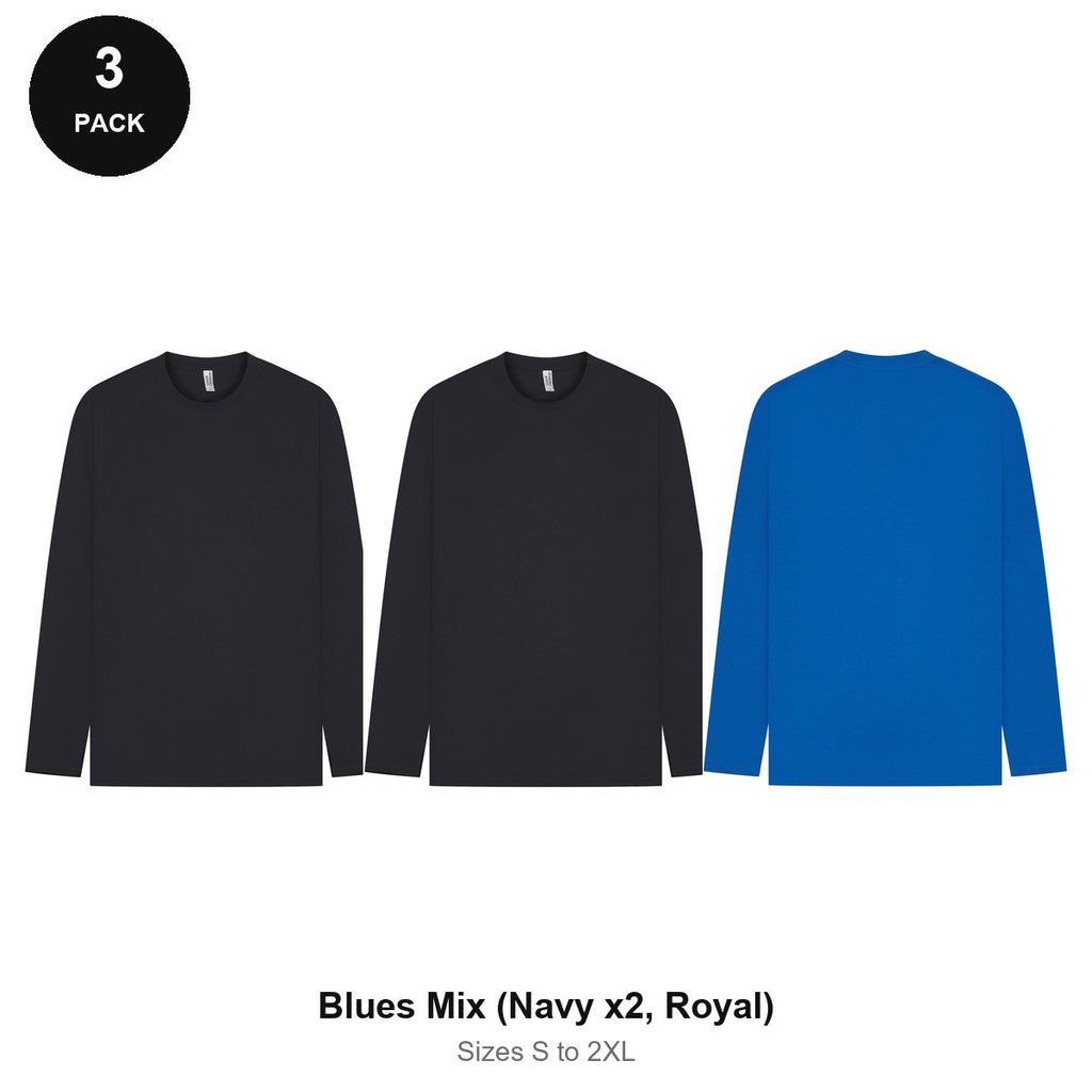 Mens Long Sleeve T-Shirts 3 Pack - 100% ringspun cotton 150gsm, Sizes S-2XL - Blues Mix (Navy x2, Royal)