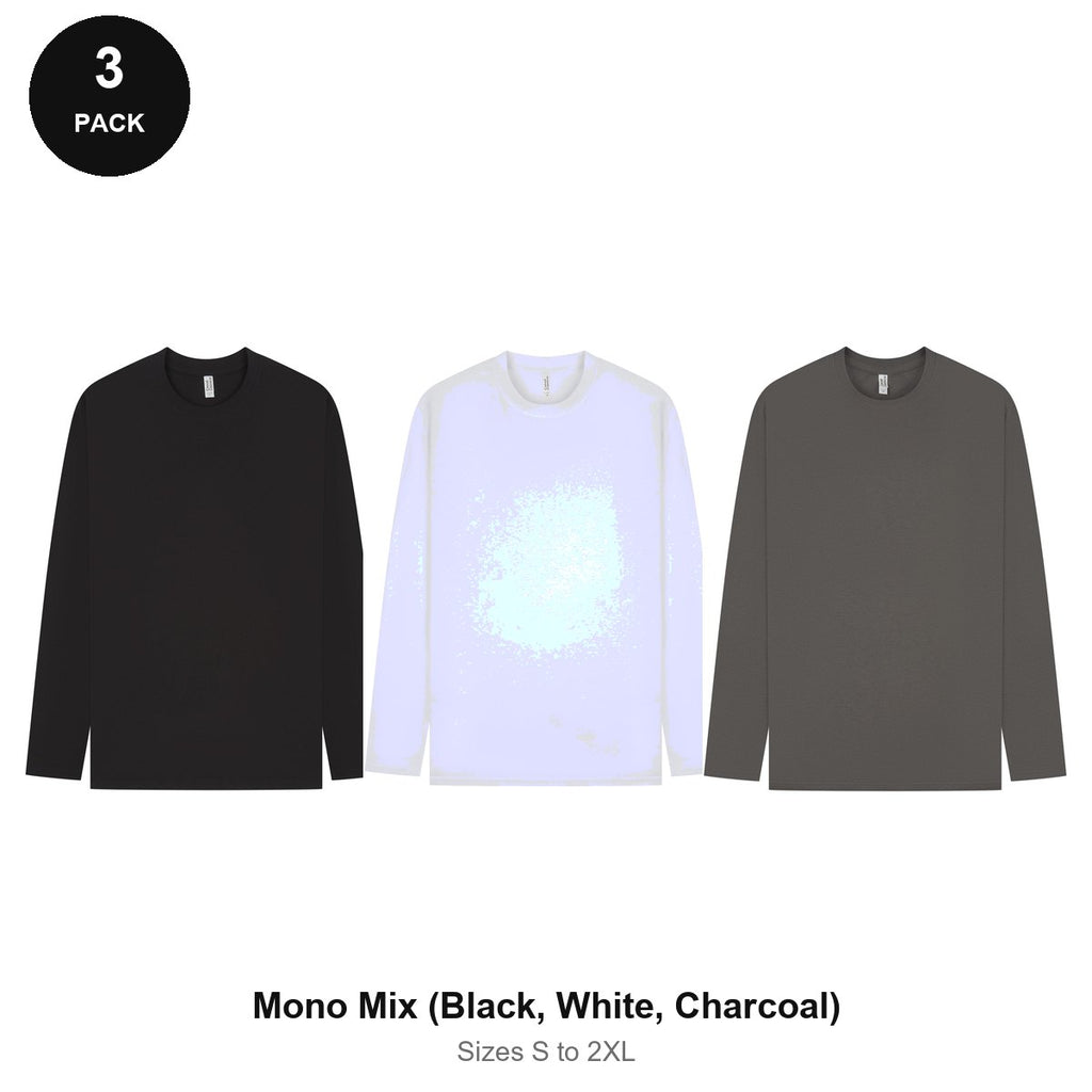 Mens Long Sleeve T-Shirts 3 Pack - 100% ringspun cotton 150gsm, Sizes S-2XL - Mono Mix (Black, White, Charcoal)