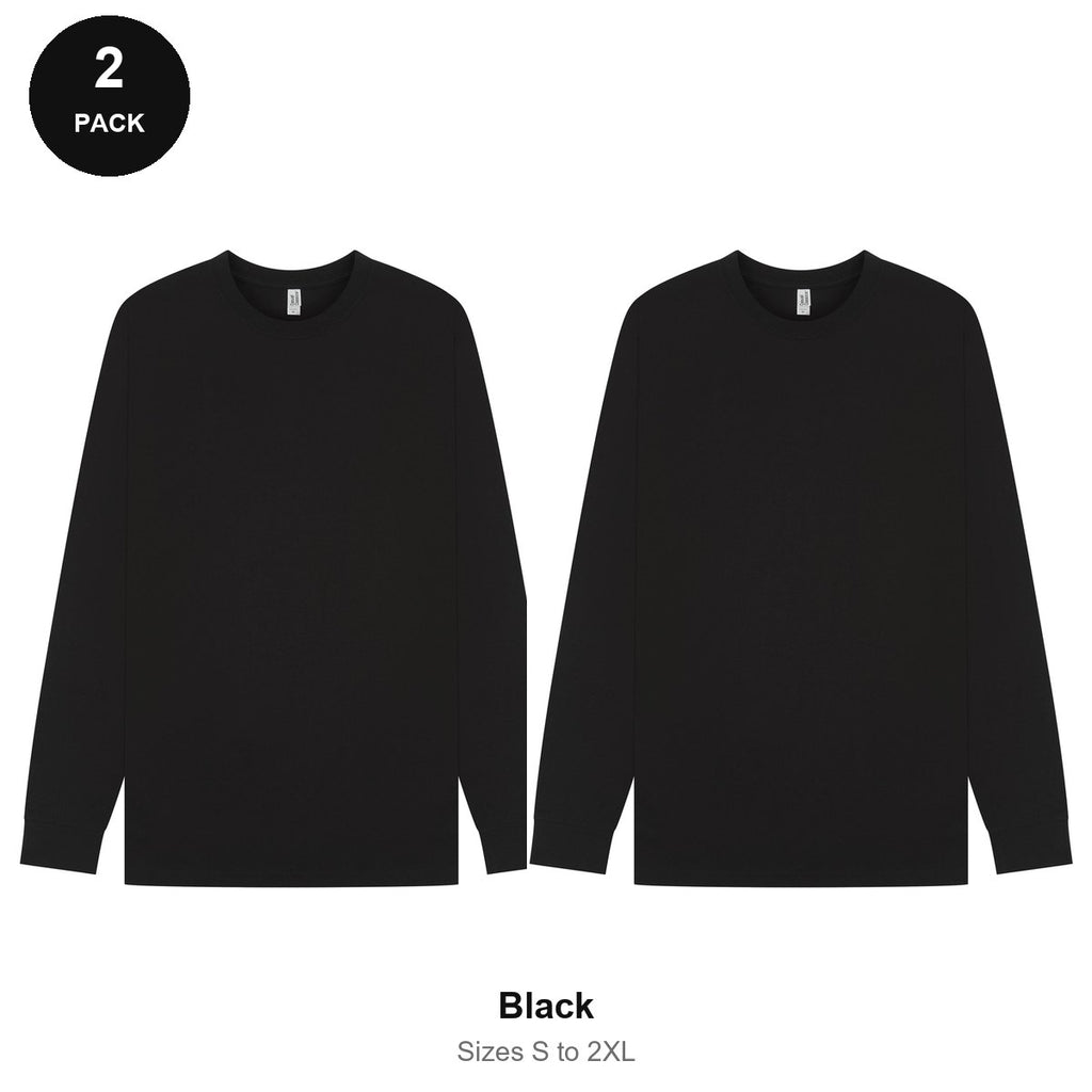 Organic 220gsm Long Sleeve T-Shirts 2 Pack - 100% organic cotton 220gsm, Sizes S-2XL - Black