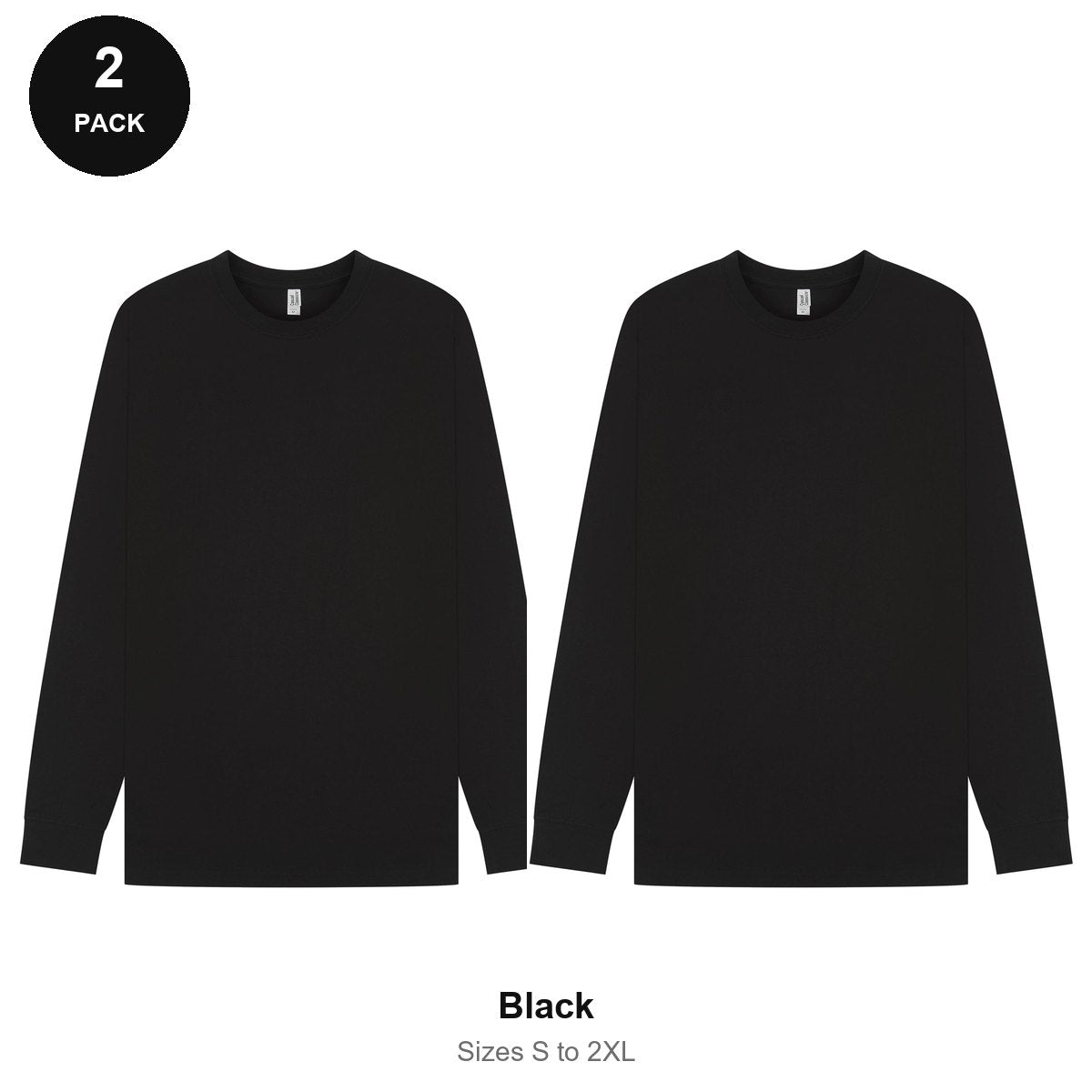 Organic 220gsm Long Sleeve T-Shirts 2 Pack - 100% organic cotton 220gsm, Sizes S-2XL - Black