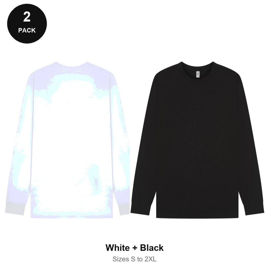 Organic 220gsm Long Sleeve T-Shirts 2 Pack - 100% organic cotton 220gsm, Sizes S-2XL - White + Black