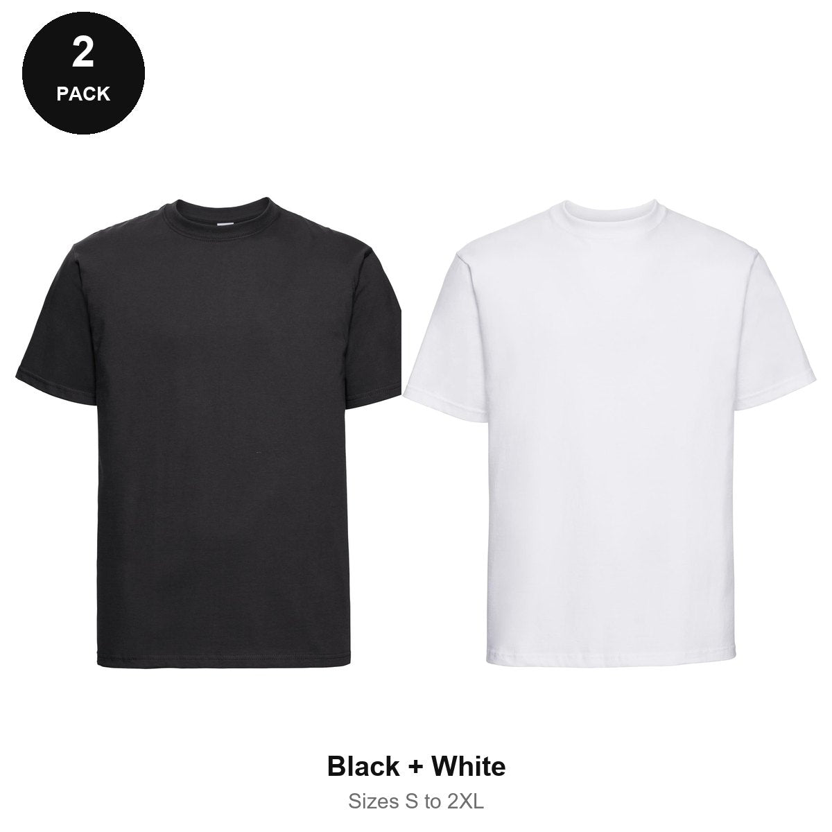 Russell Athletic Heavyweight 215 T-Shirts 2 Pack - 100% ringspun cotton 215gsm, Sizes S-2XL - Black + White