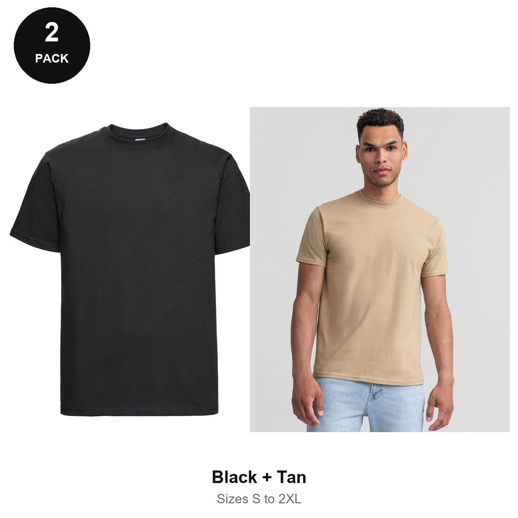 Russell Athletic Heavyweight 215 T-Shirts 2 Pack - 100% ringspun cotton 215gsm, Sizes S-2XL - Black + Tan