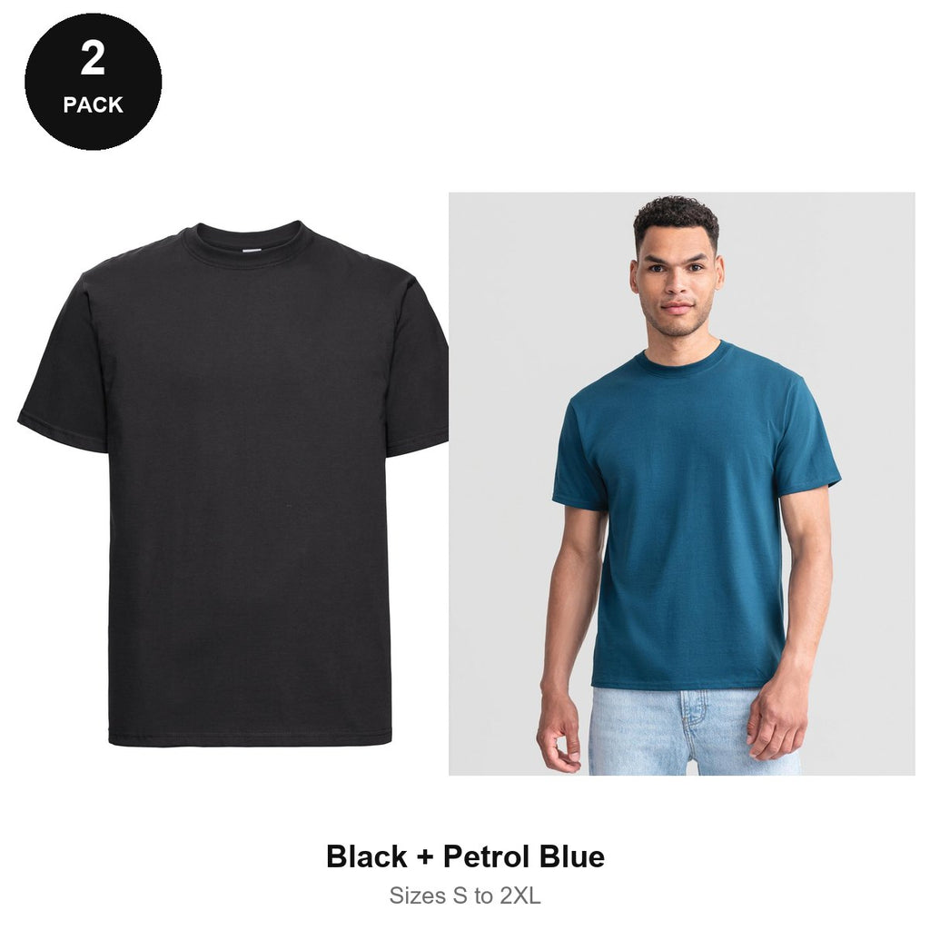 Russell Athletic Heavyweight 215 T-Shirts 2 Pack - 100% ringspun cotton 215gsm, Sizes S-2XL - Black + Petrol Blue