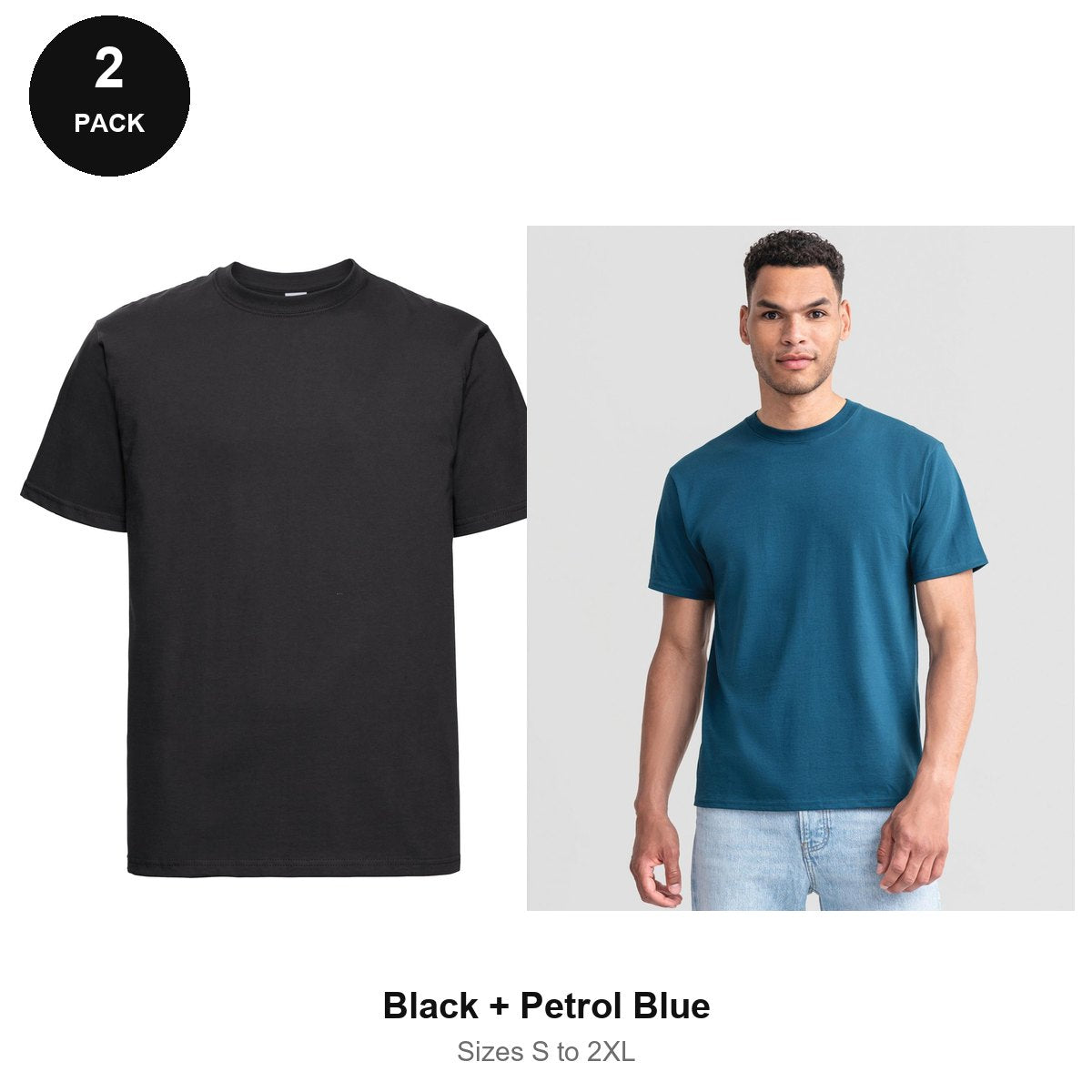 Russell Athletic Heavyweight 215 T-Shirts 2 Pack - 100% ringspun cotton 215gsm, Sizes S-2XL - Black + Petrol Blue