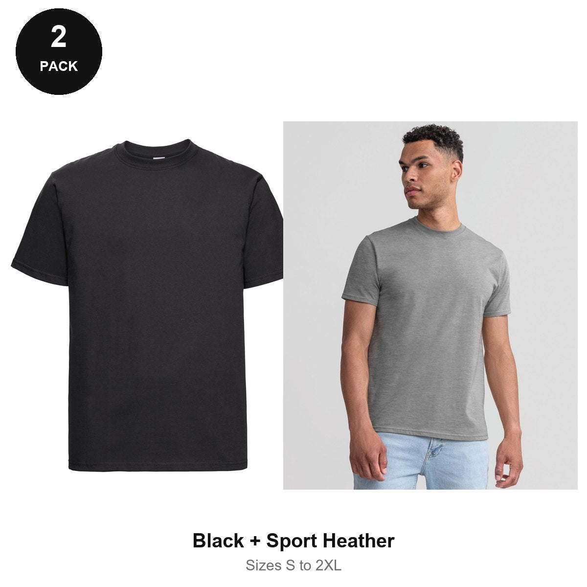Russell Athletic Heavyweight 215 T-Shirts 2 Pack - 100% ringspun cotton 215gsm, Sizes S-2XL - Black + Sport Heather