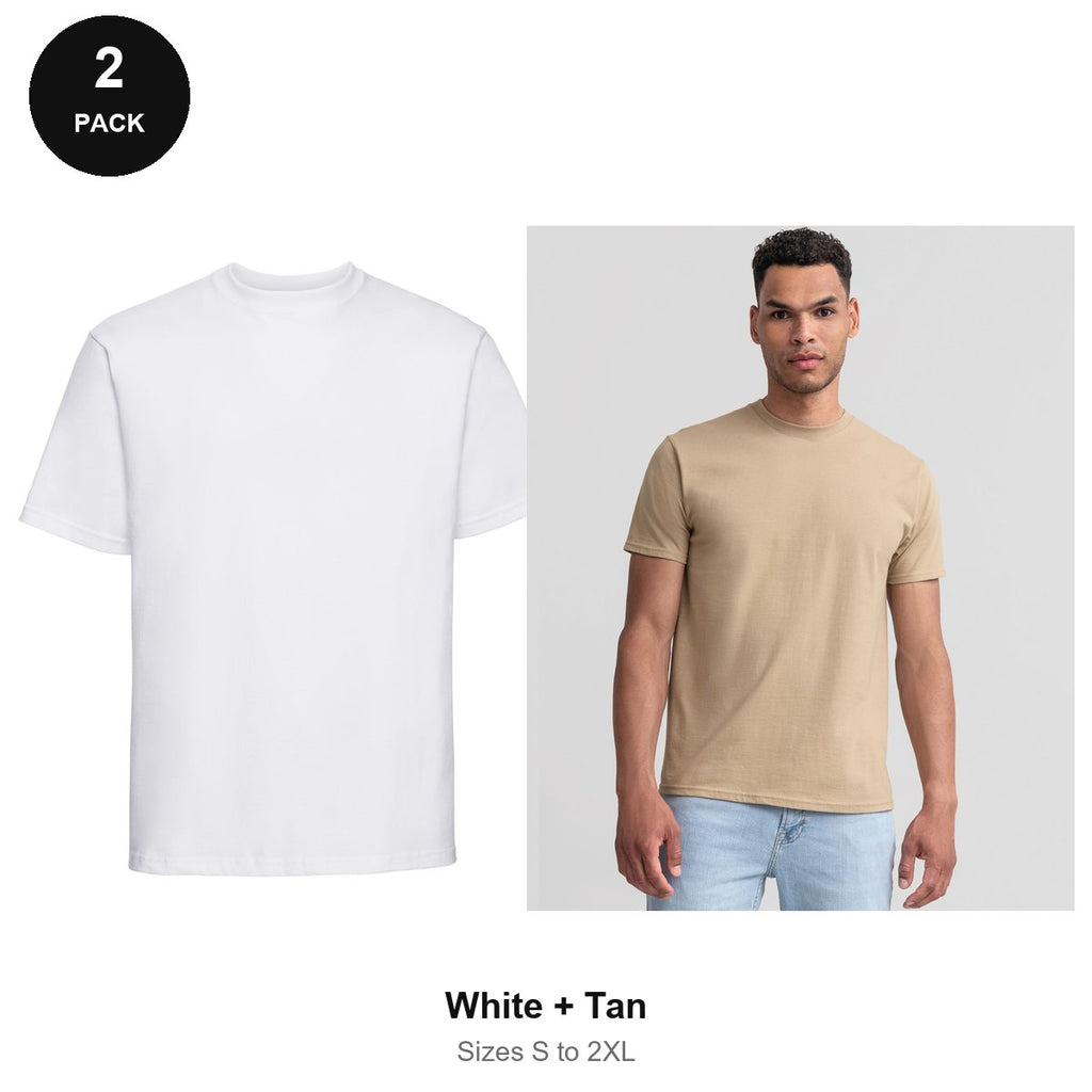 Russell Athletic Heavyweight 215 T-Shirts 2 Pack - 100% ringspun cotton 215gsm, Sizes S-2XL - White + Tan