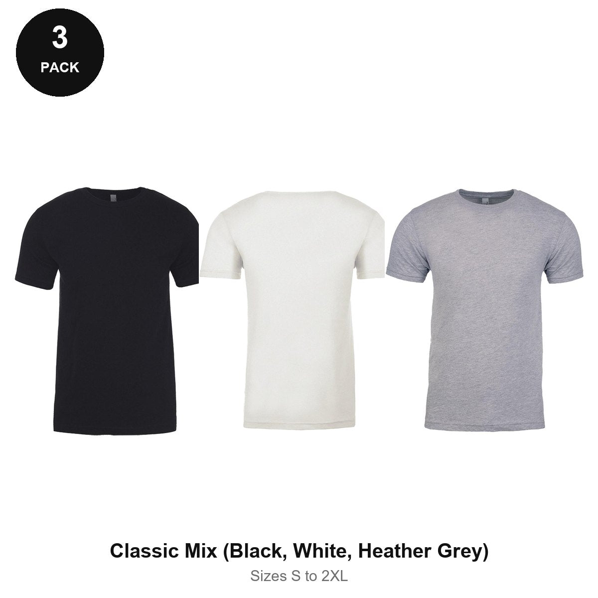 Next Level Cotton T-Shirts 3 Pack - 100% ringspun cotton 145gsm, Sizes S-2XL - Classic Mix (Black, White, Heather Grey)