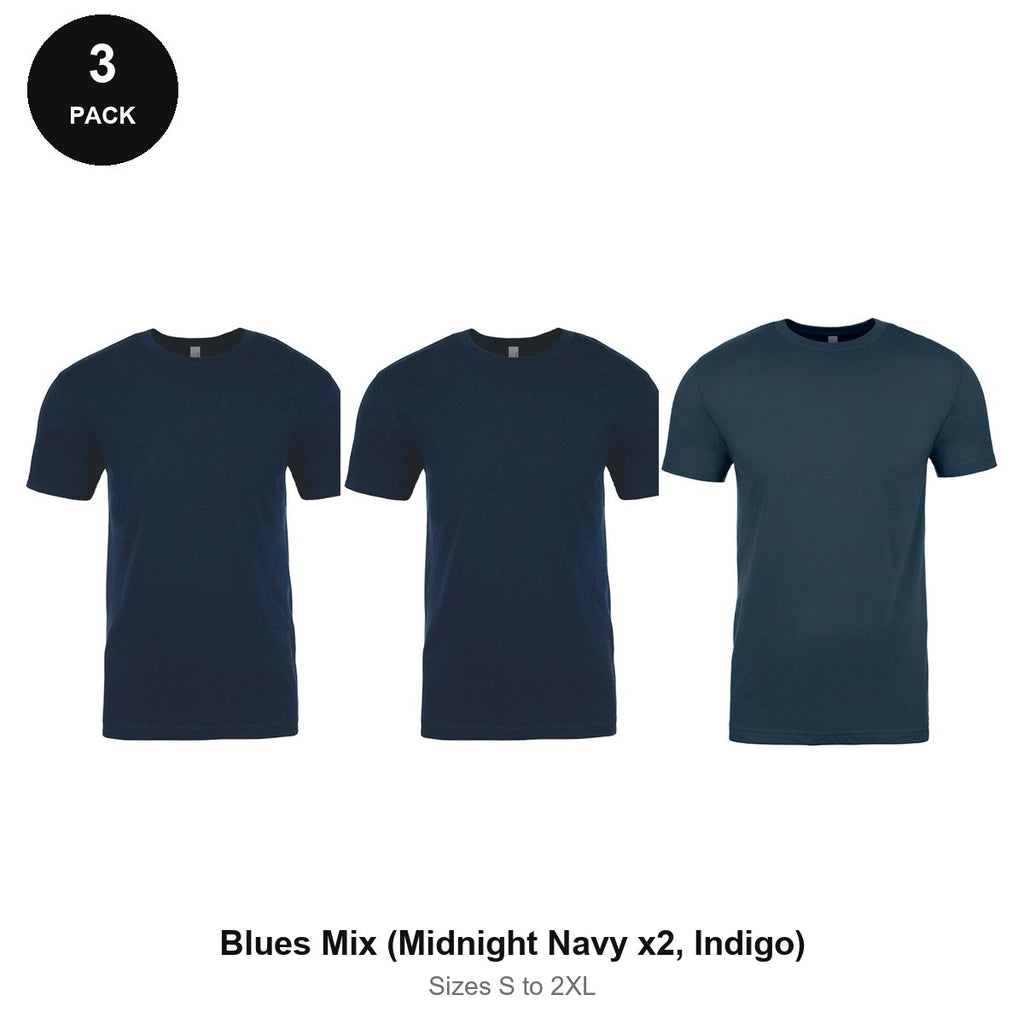 Next Level Cotton T-Shirts 3 Pack - 100% ringspun cotton 145gsm, Sizes S-2XL - Blues Mix (Midnight Navy x2, Indigo)
