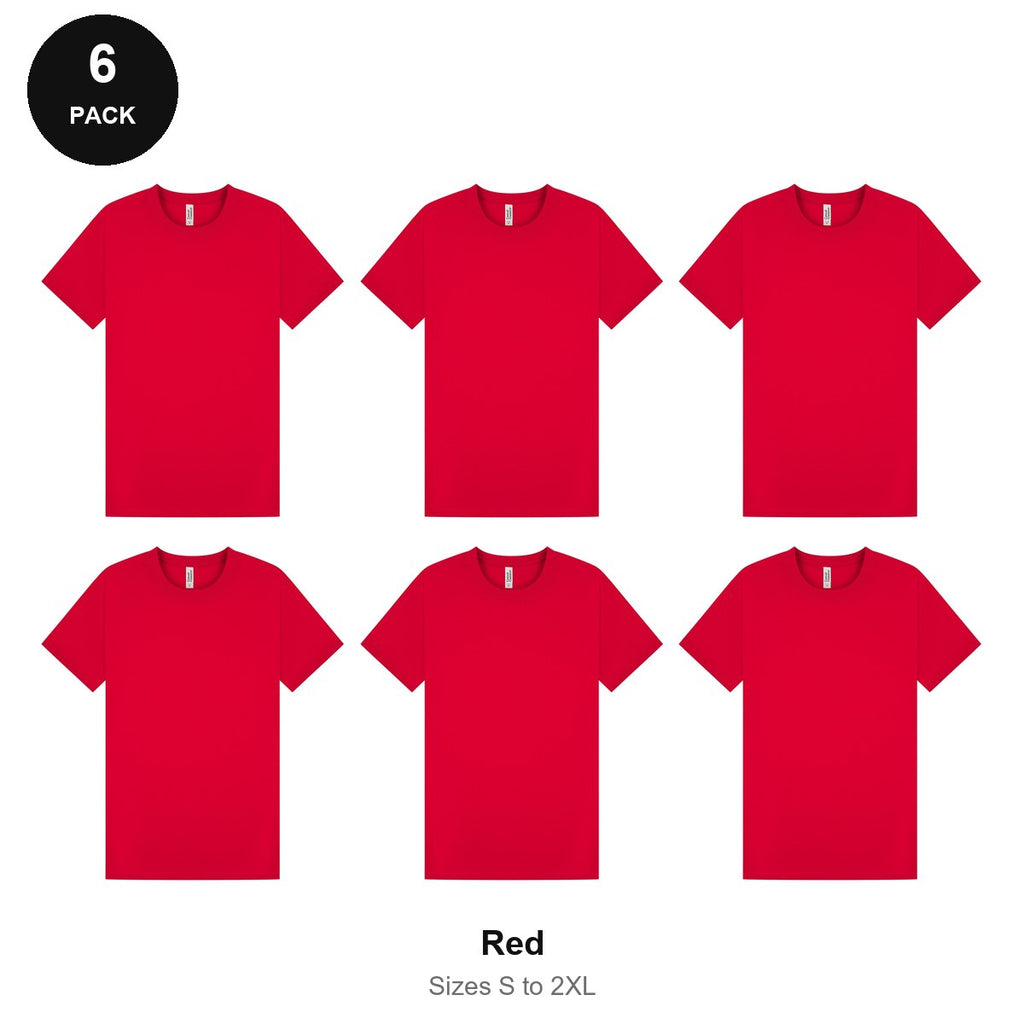 Mens Plain T-Shirts 6 Pack - 100% ringspun cotton 150gsm, Sizes S-2XL - Red