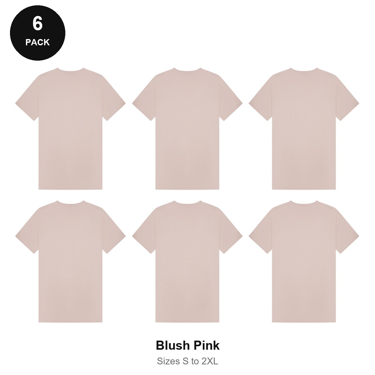 Mens Plain T-Shirts 6 Pack - 100% ringspun cotton 150gsm, Sizes S-2XL - Blush Pink