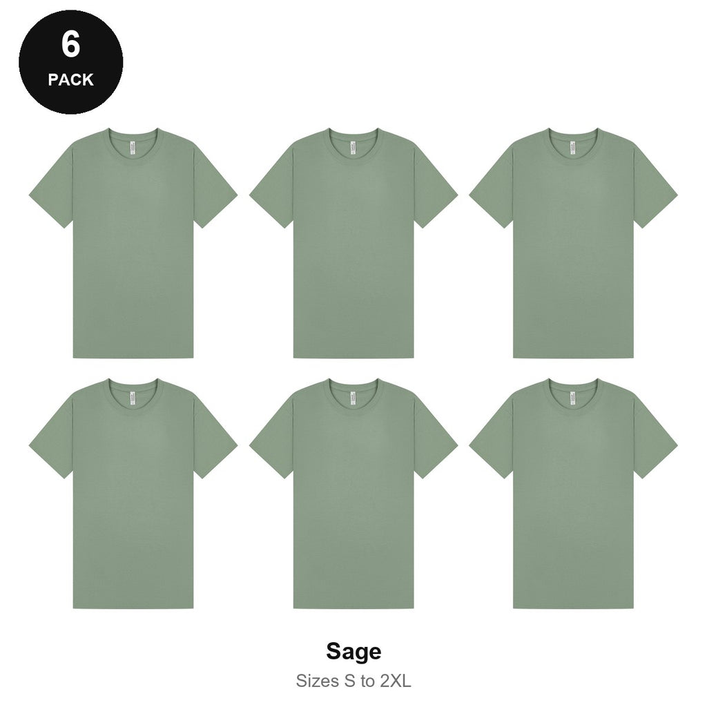 Mens Plain T-Shirts 6 Pack - 100% ringspun cotton 150gsm, Sizes S-2XL - Sage