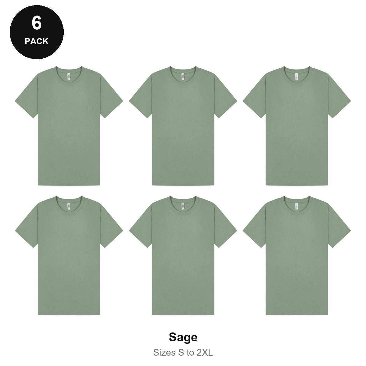 Mens Plain T-Shirts 6 Pack - 100% ringspun cotton 150gsm, Sizes S-2XL - Sage