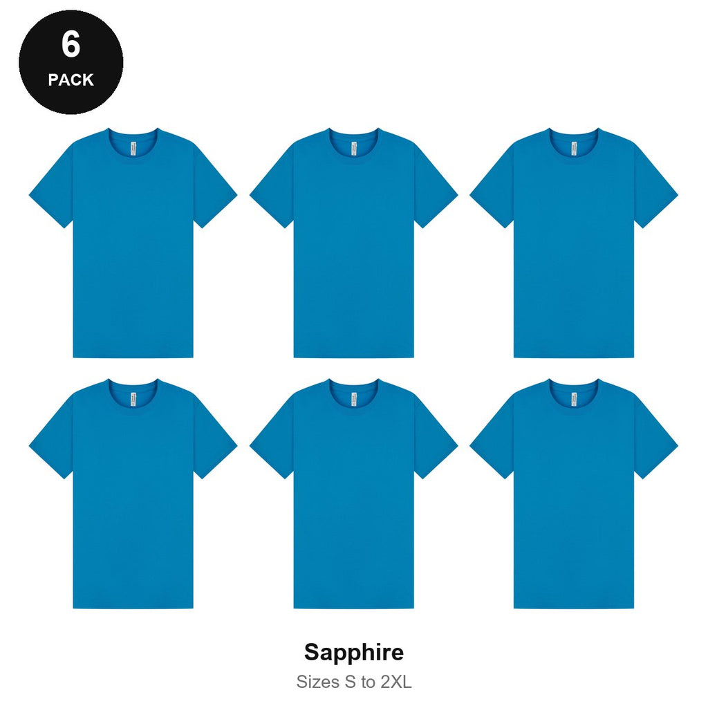 Mens Plain T-Shirts 6 Pack - 100% ringspun cotton 150gsm, Sizes S-2XL - Sapphire