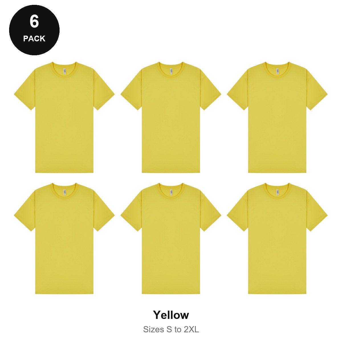 Mens Plain T-Shirts 6 Pack - 100% ringspun cotton 150gsm, Sizes S-2XL - Yellow