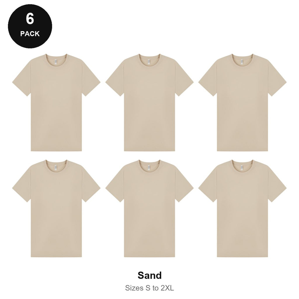 Mens Plain T-Shirts 6 Pack - 100% ringspun cotton 150gsm, Sizes S-2XL - Sand