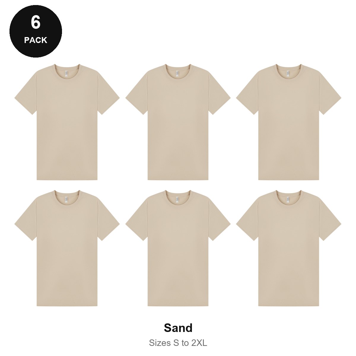 Mens Plain T-Shirts 6 Pack - 100% ringspun cotton 150gsm, Sizes S-2XL - Sand