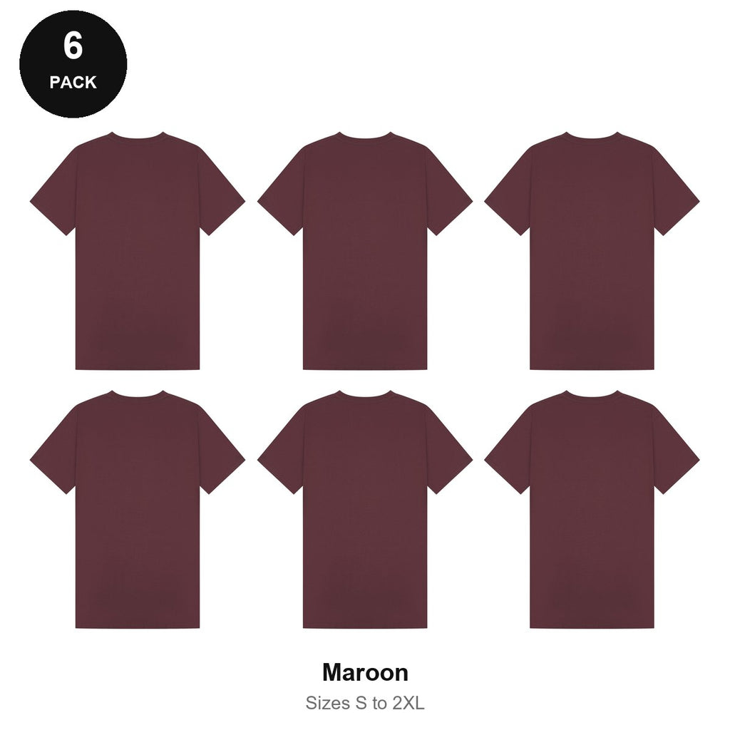 Mens Plain T-Shirts 6 Pack - 100% ringspun cotton 150gsm, Sizes S-2XL - Maroon