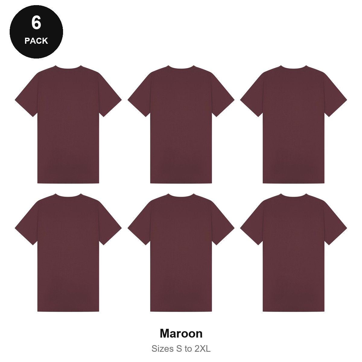 Mens Plain T-Shirts 6 Pack - 100% ringspun cotton 150gsm, Sizes S-2XL - Maroon