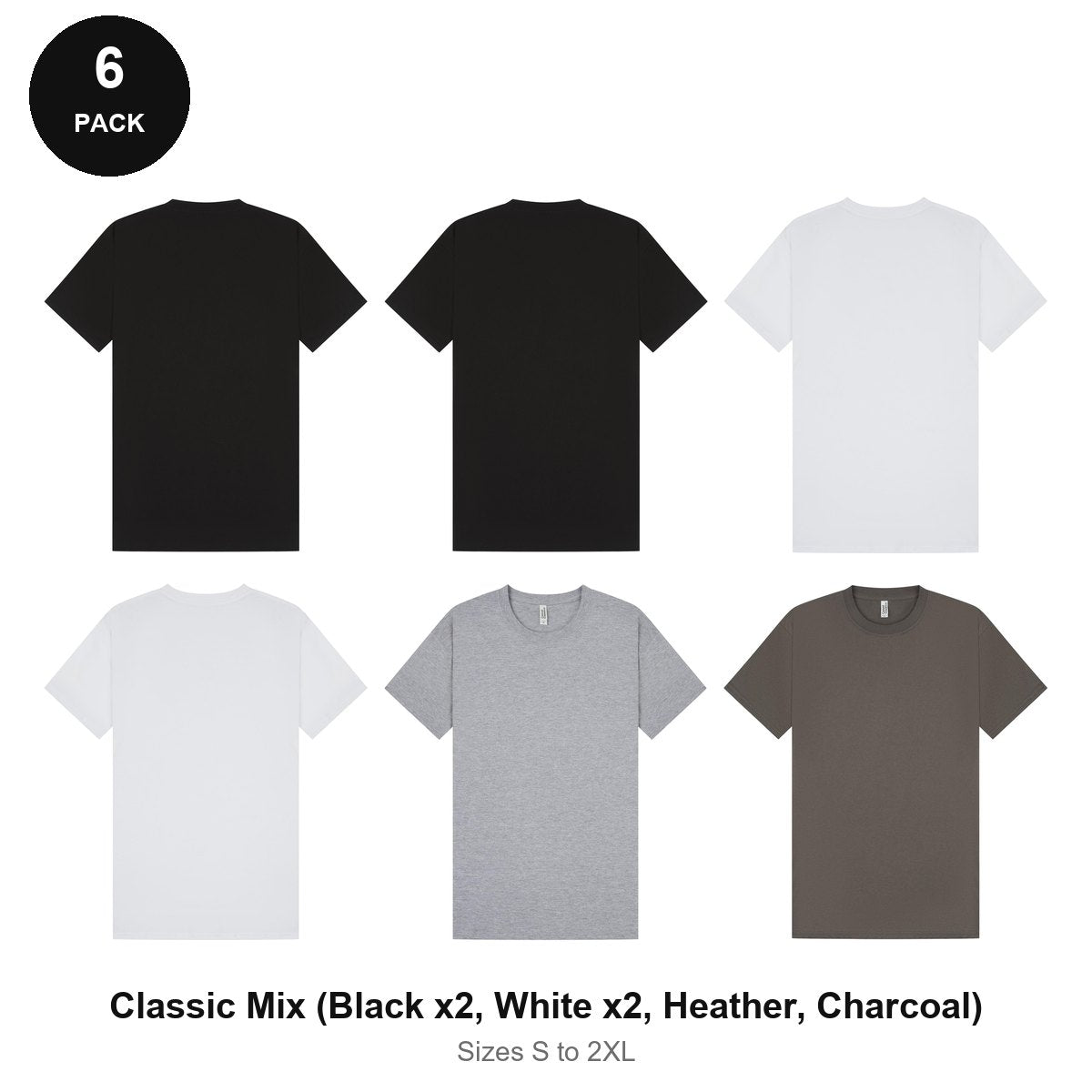 Mens Plain T-Shirts 6 Pack - 100% ringspun cotton 150gsm, Sizes S-2XL - Classic Mix (Black x2, White x2, Heather, Charcoal)