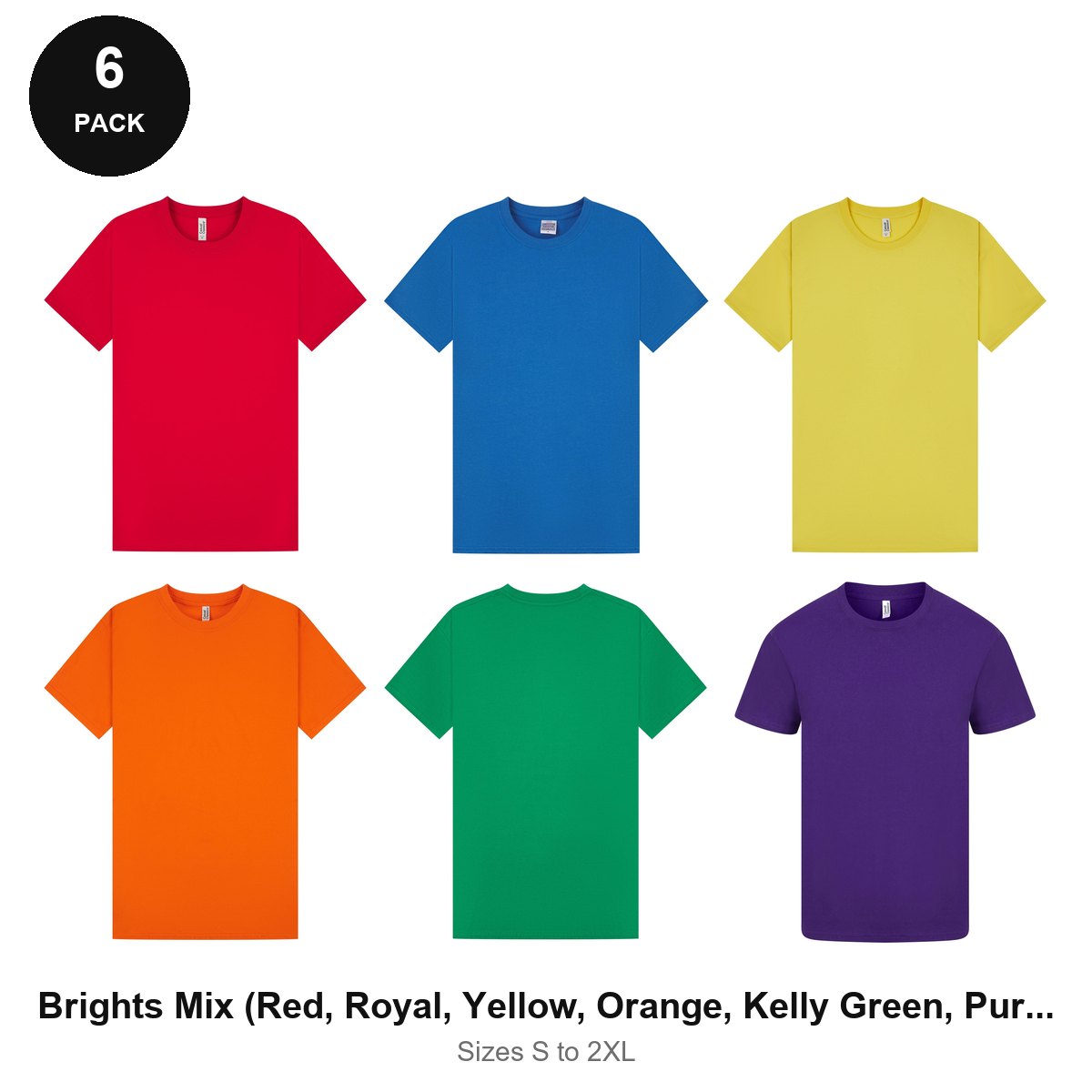 Mens Plain T-Shirts 6 Pack - 100% ringspun cotton 150gsm, Sizes S-2XL - Brights Mix (Red, Royal, Yellow, Orange, Kelly Green, Purple)