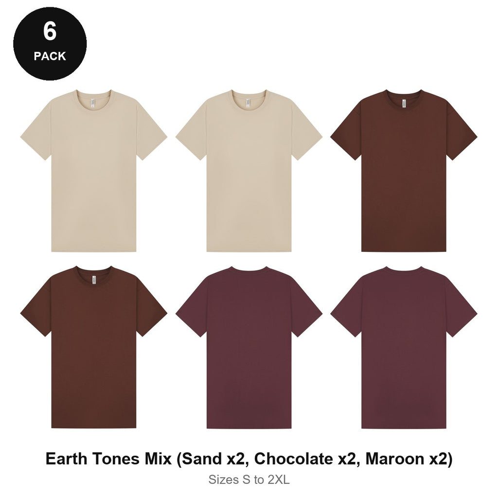 Mens Plain T-Shirts 6 Pack - 100% ringspun cotton 150gsm, Sizes S-2XL - Earth Tones Mix (Sand x2, Chocolate x2, Maroon x2)