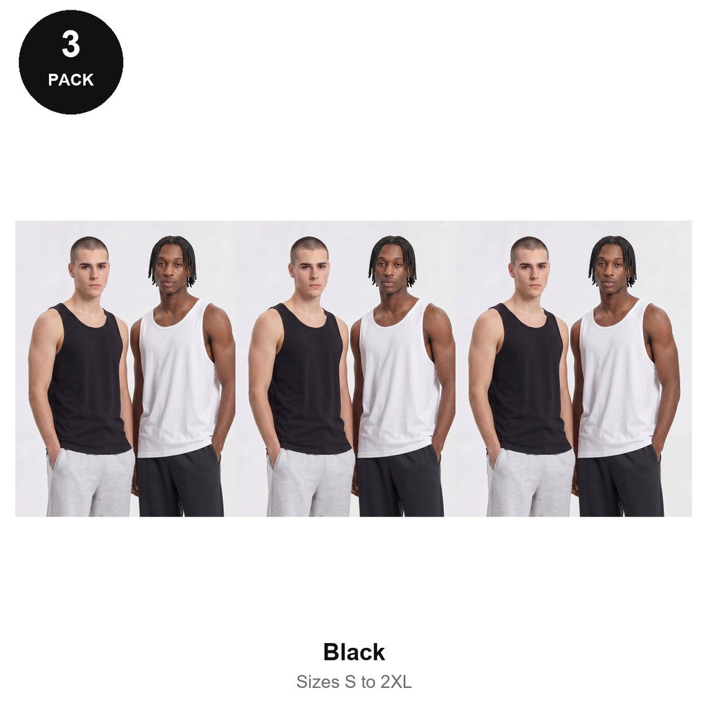 Mens Vests 3 Pack - 100% organic cotton 180gsm, Sizes S-2XL - Black