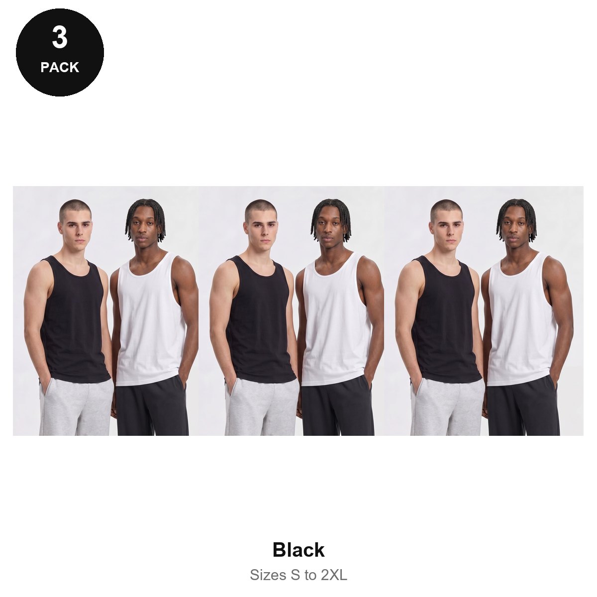 Mens Vests 3 Pack - 100% organic cotton 180gsm, Sizes S-2XL - Black