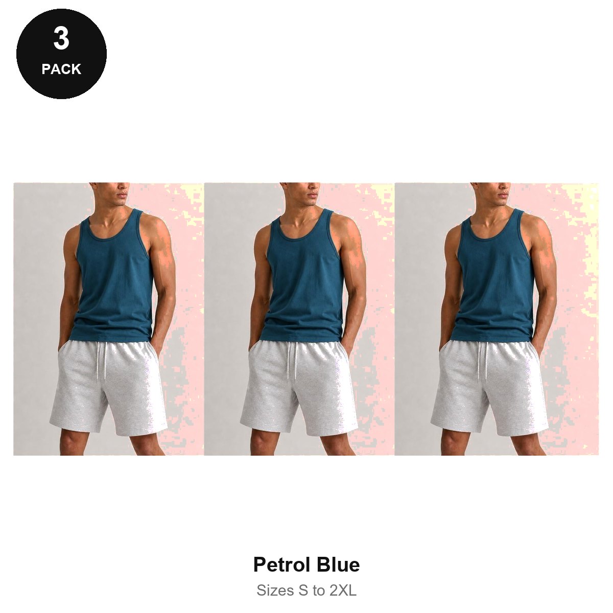 Mens Vests 3 Pack - 100% organic cotton 180gsm, Sizes S-2XL - Petrol Blue