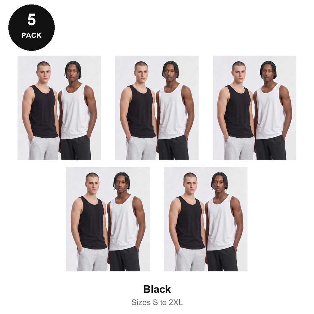 Mens Vests 5 Pack - 100% organic cotton 180gsm, Sizes S-2XL - Black