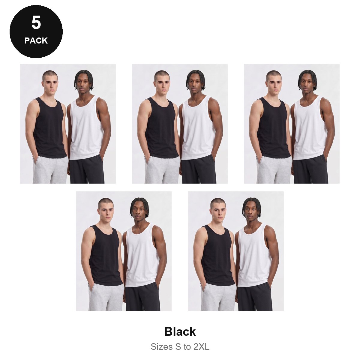 Mens Vests 5 Pack - 100% organic cotton 180gsm, Sizes S-2XL - Black