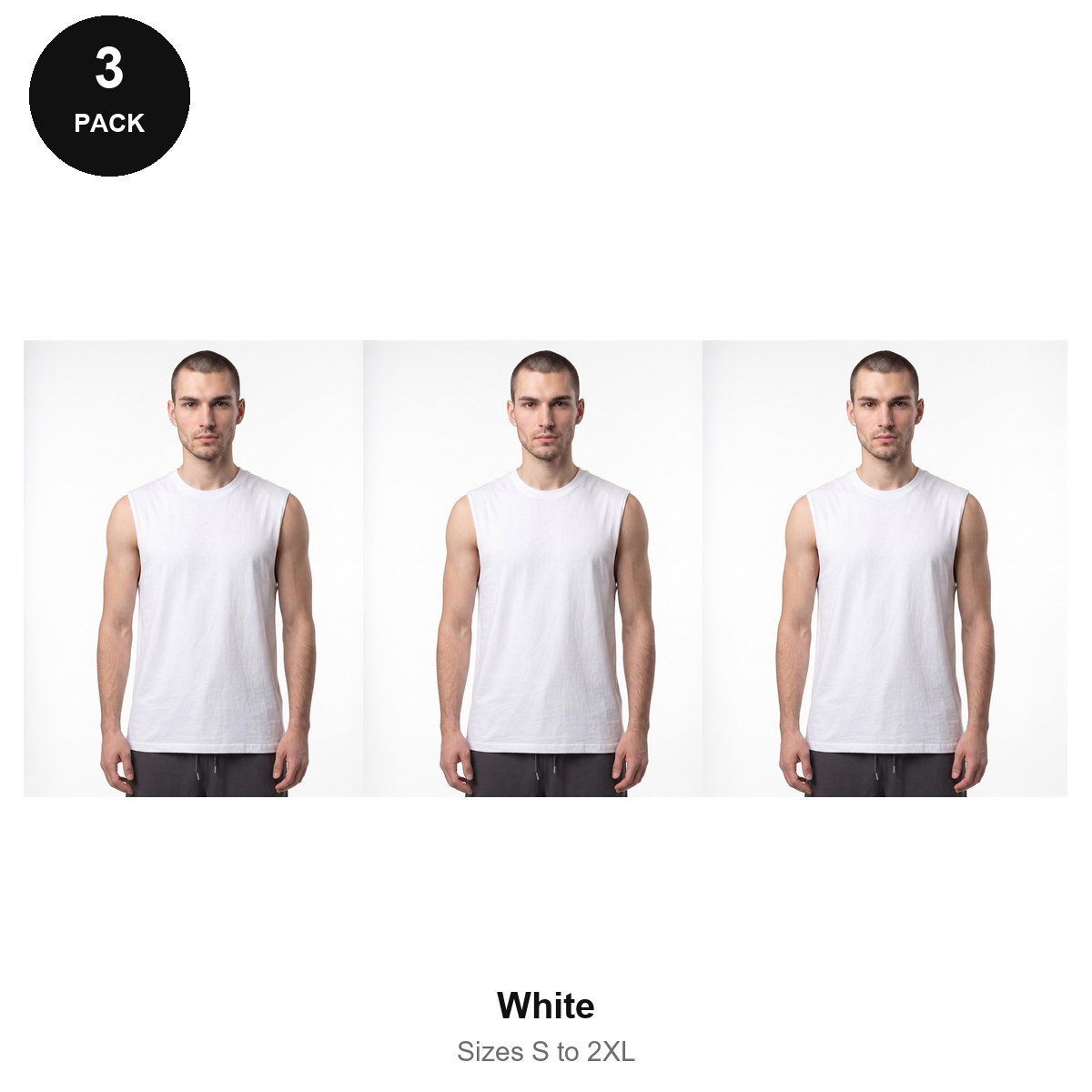 Tank Tops 3 Pack - 100% organic cotton 180gsm, Sizes S-2XL - White