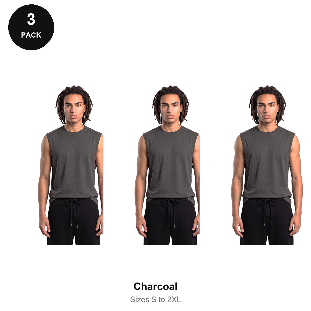 Tank Tops 3 Pack - 100% organic cotton 180gsm, Sizes S-2XL - Charcoal