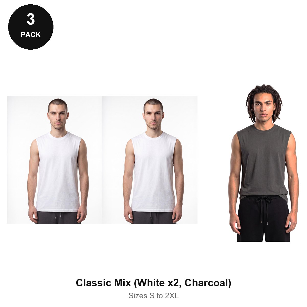 Tank Tops 3 Pack - 100% organic cotton 180gsm, Sizes S-2XL - Classic Mix (White x2, Charcoal)