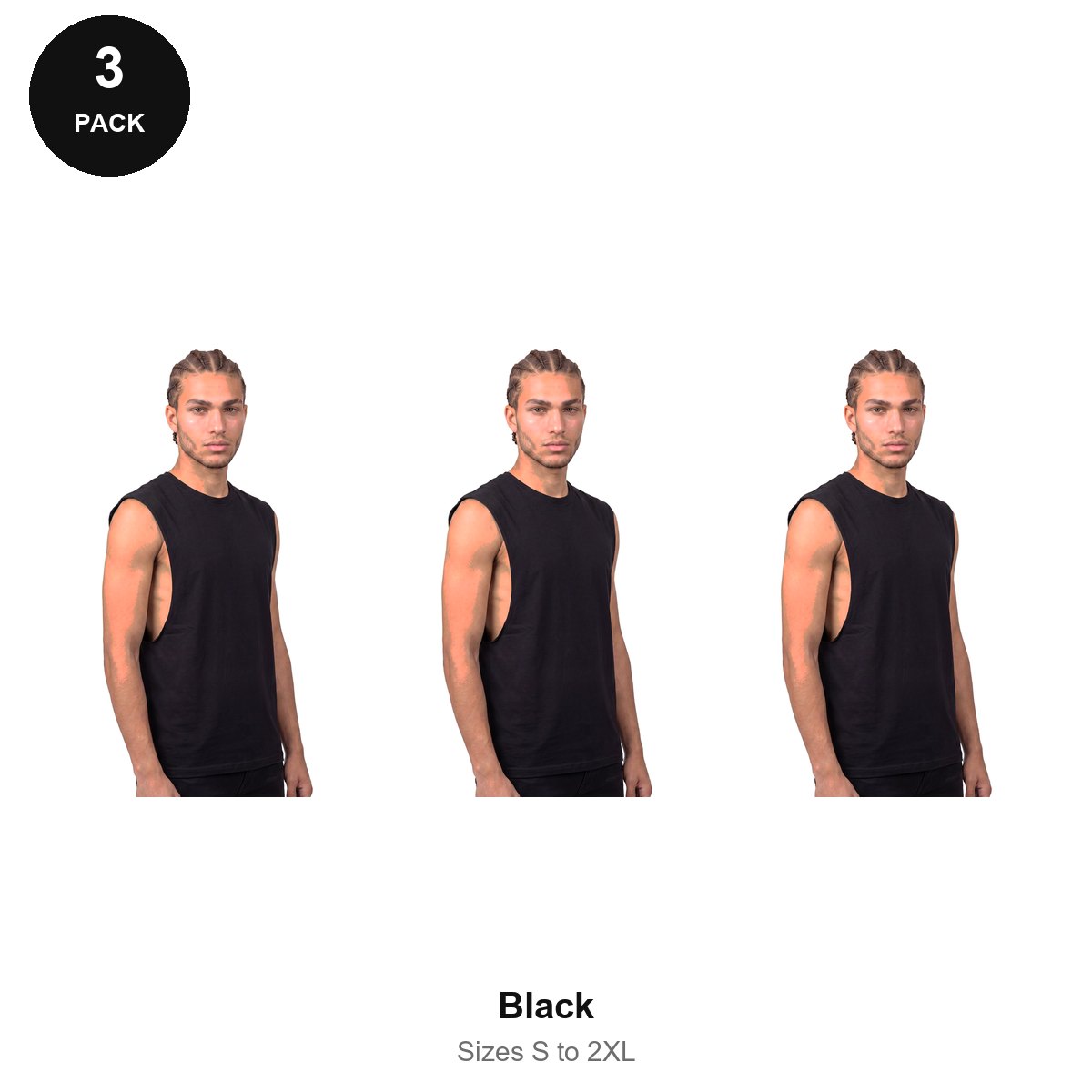 Gym Drop-Arm Tanks 3 Pack - 100% organic cotton 180gsm, Sizes S-2XL, Gym & Sports - Black