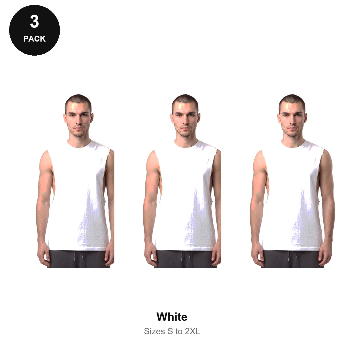 Gym Drop-Arm Tanks 3 Pack - 100% organic cotton 180gsm, Sizes S-2XL, Gym & Sports - White