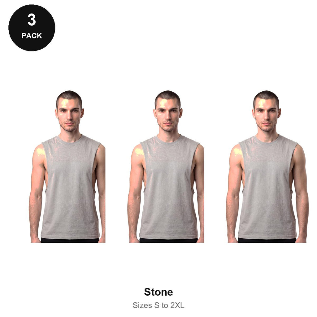 Gym Drop-Arm Tanks 3 Pack - 100% organic cotton 180gsm, Sizes S-2XL, Gym & Sports - Stone