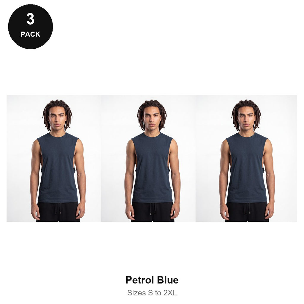 Gym Drop-Arm Tanks 3 Pack - 100% organic cotton 180gsm, Sizes S-2XL, Gym & Sports - Petrol Blue
