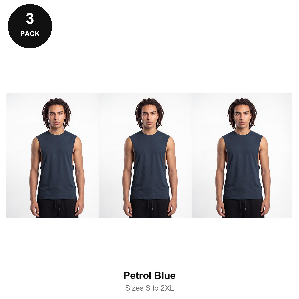 Gym Drop-Arm Tanks 3 Pack - 100% organic cotton 180gsm, Sizes S-2XL, Gym & Sports - Petrol Blue