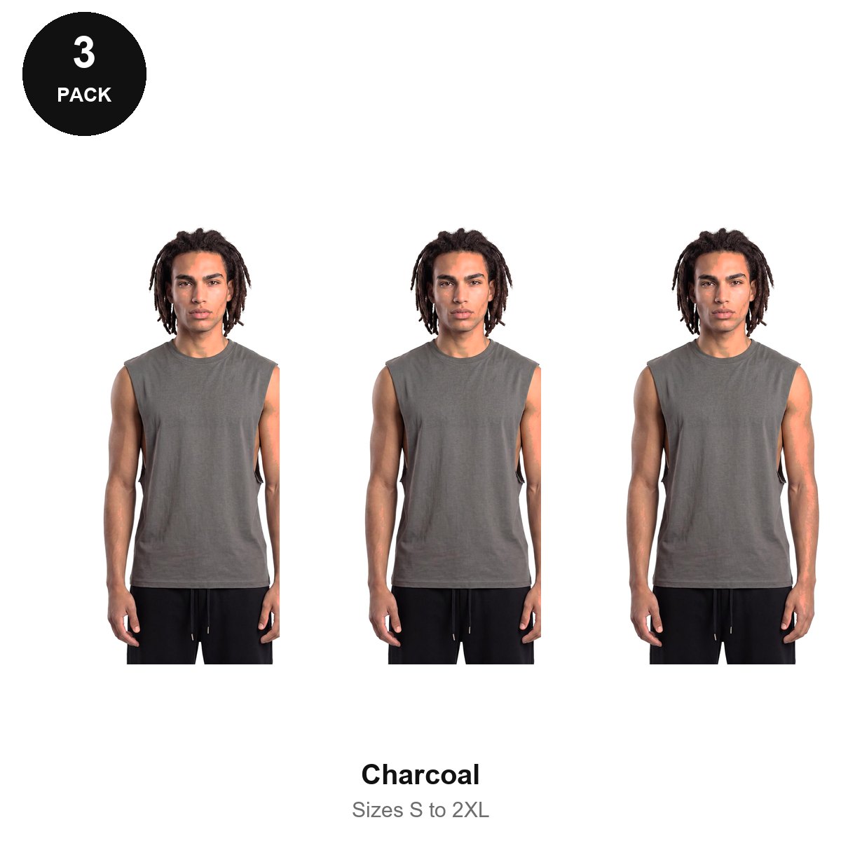 Gym Drop-Arm Tanks 3 Pack - 100% organic cotton 180gsm, Sizes S-2XL, Gym & Sports - Charcoal