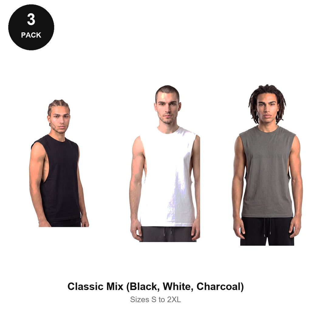 Gym Drop-Arm Tanks 3 Pack - 100% organic cotton 180gsm, Sizes S-2XL, Gym & Sports - Classic Mix (Black, White, Charcoal)