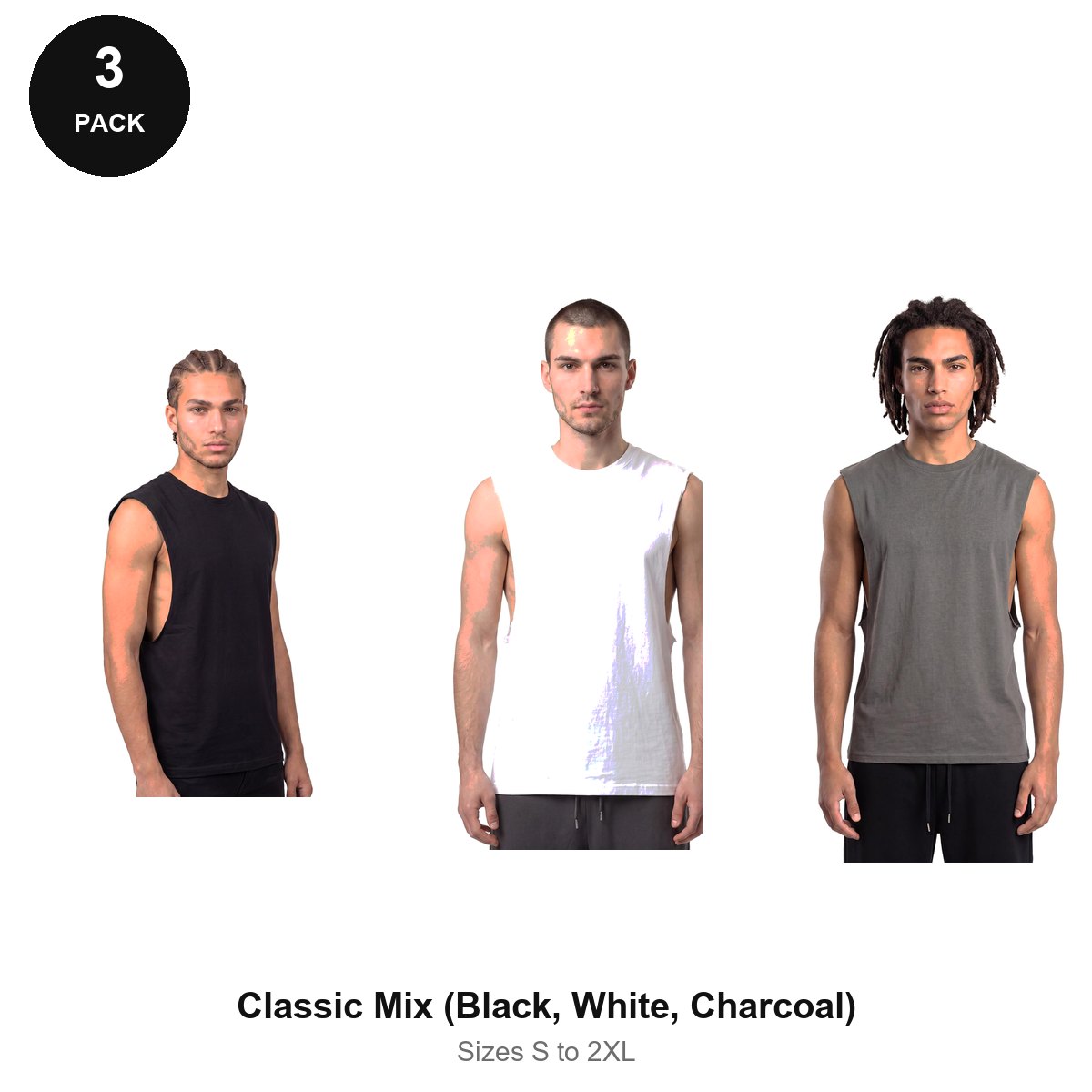 Gym Drop-Arm Tanks 3 Pack - 100% organic cotton 180gsm, Sizes S-2XL, Gym & Sports - Classic Mix (Black, White, Charcoal)