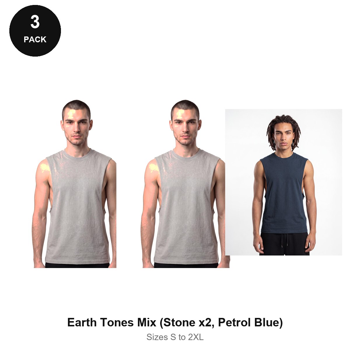Gym Drop-Arm Tanks 3 Pack - 100% organic cotton 180gsm, Sizes S-2XL, Gym & Sports - Earth Tones Mix (Stone x2, Petrol Blue)
