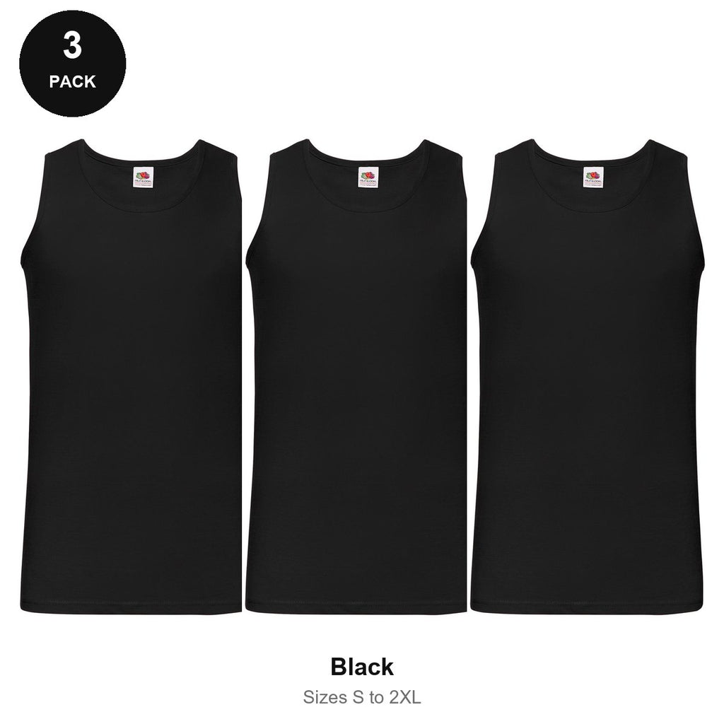 Fruit of the Loom Vests 3 Pack - 100% cotton 165gsm, Sizes S-2XL - Black