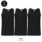 Fruit of the Loom Vests 3 Pack - 100% cotton 165gsm, Sizes S-2XL - Black