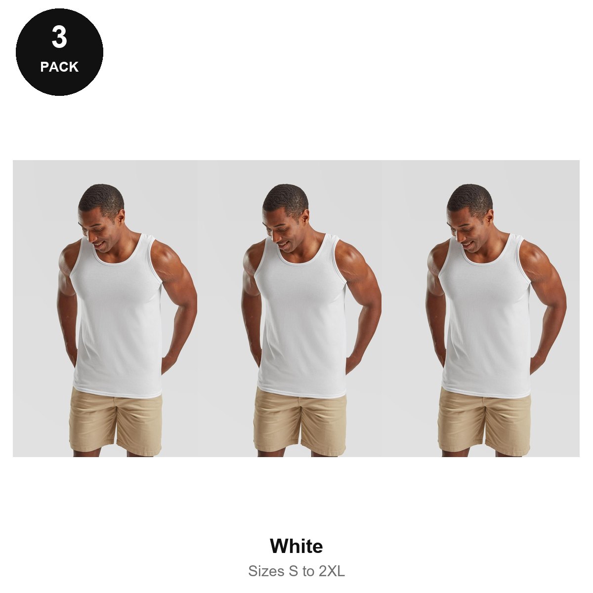 Fruit of the Loom Vests 3 Pack - 100% cotton 165gsm, Sizes S-2XL - White