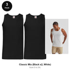 Fruit of the Loom Vests 3 Pack - 100% cotton 165gsm, Sizes S-2XL - Classic Mix (Black x2, White)