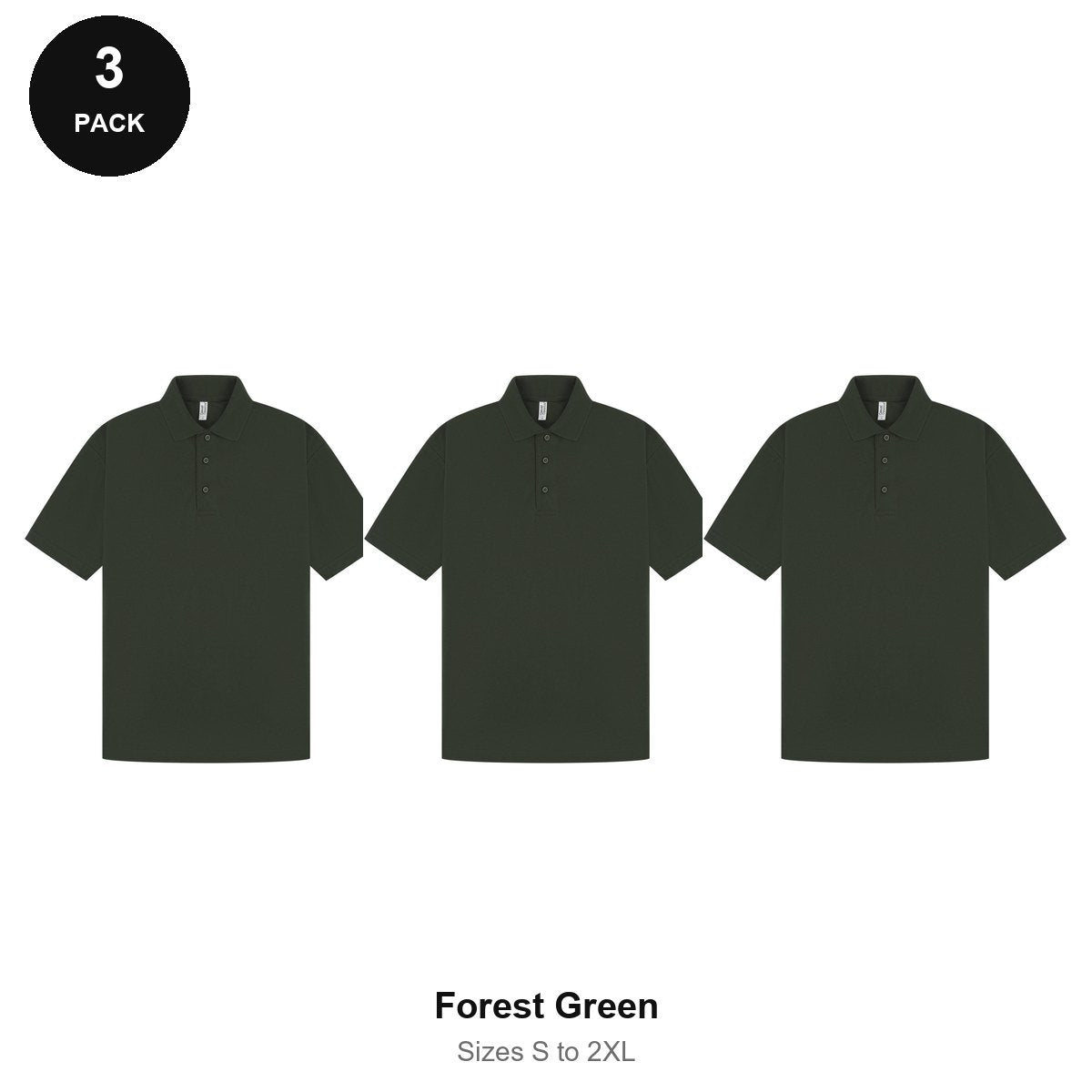 Mens Polo Shirts 3 Pack - 65% polyester / 35% cotton pique 200gsm, Sizes S-2XL - Forest Green